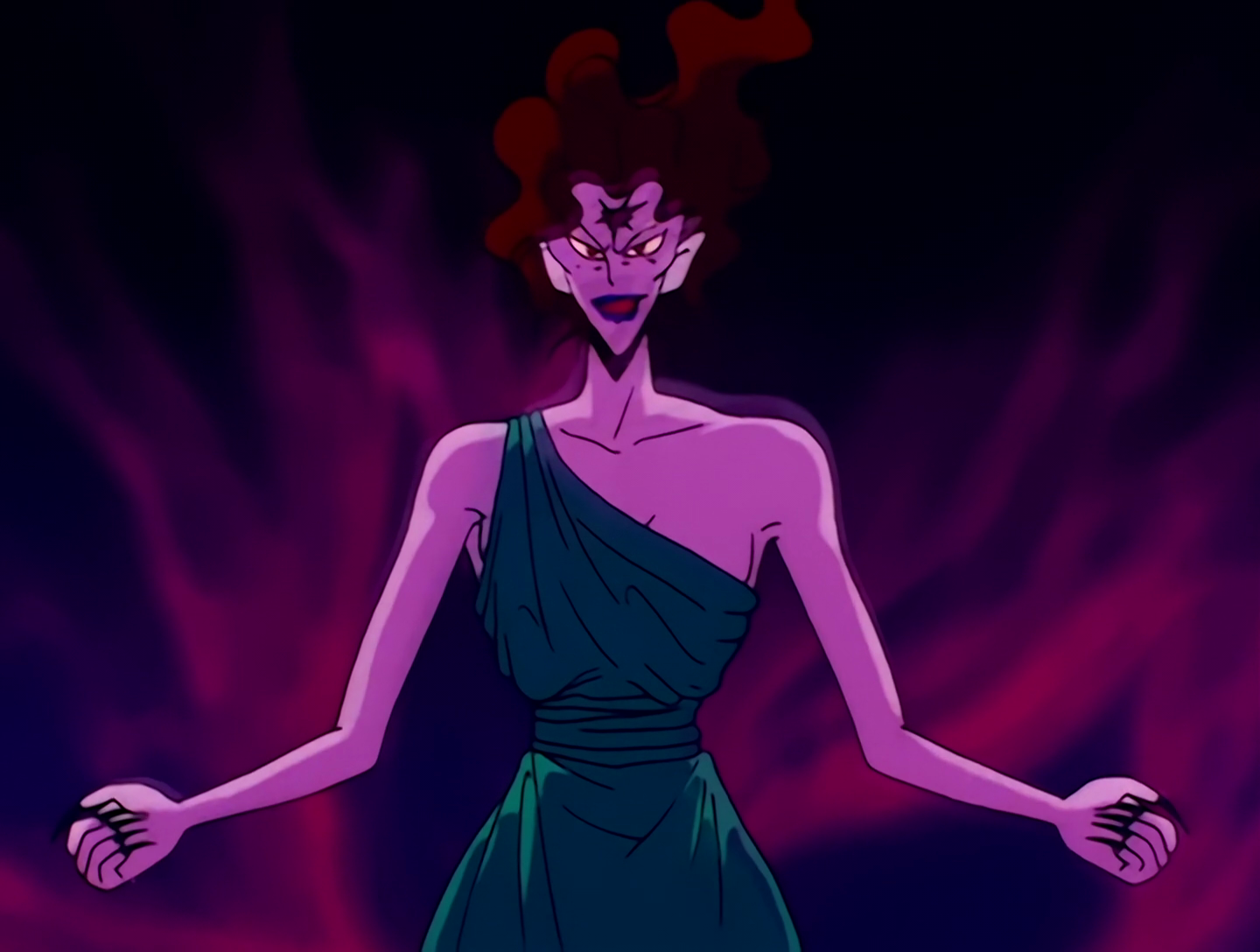 Flau, a Youma from Sailor Moon episode 3. She has pink skin, reddish-brown hair and an angular face with a mark on her forehead. She has noticeably wide shoulders, and is wearing a green one-shoulder dress. To those of you reading the alt text, hello! Hope you’re enjoying it. I’m not gonna make those jokes here either, though.